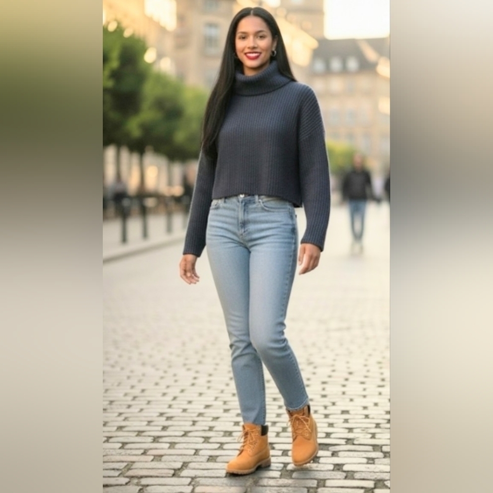 Madewell Recycled Cashmere Cropped Turtleneck Sweater Navy Blue XXS